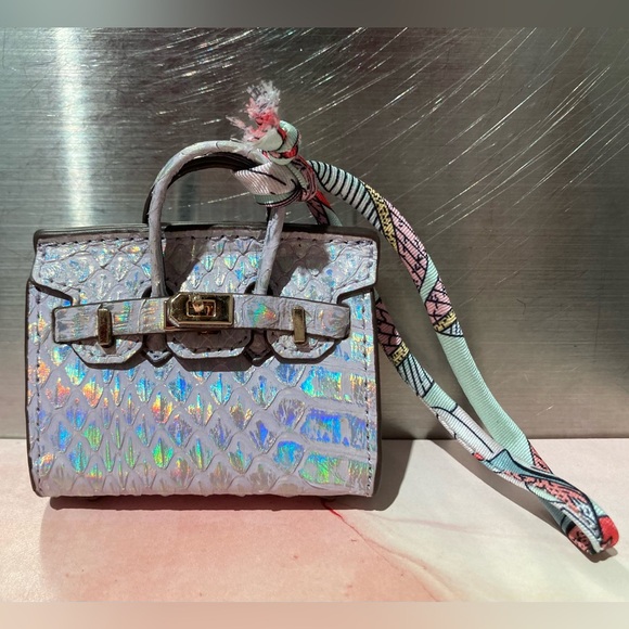 🐍 👜 Handmade Genuine Leather Mini Holographic Lilac Snakeskin Birkin Bag Charm - Picture 7 of 12